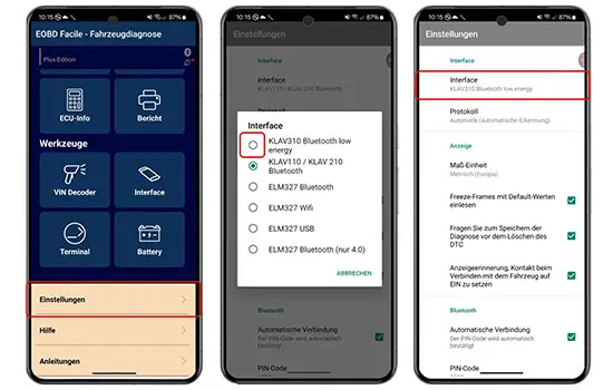 Die Einstellungen zum Verbinden des klavkarr 310 nach der Nutzung eines 210